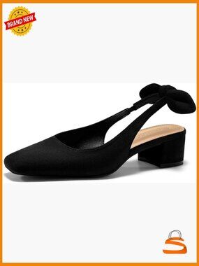 Chunky Low Heel Bow Slingback Pumps Square Toe Wedding Party Dress Shoes